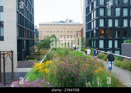 New York, New York, 19 août 2018 : les gens marchent le long de la High Line à Chelsea, par une triste journée d'été pluvieuse Banque D'Images