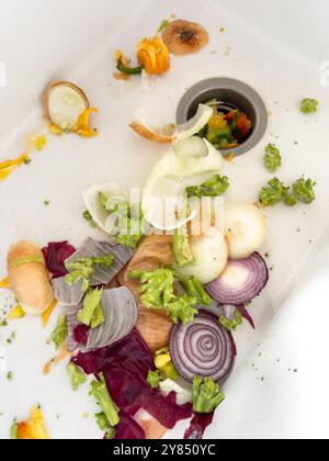 Déchets de légumes dans un évier prêts à être jetés après la préparation du repas Banque D'Images