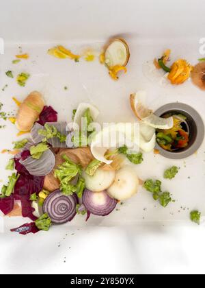 Déchets de légumes dans un évier prêts à être jetés après la préparation du repas Banque D'Images