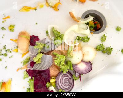 Déchets de légumes dans un évier prêts à être jetés après la préparation du repas Banque D'Images