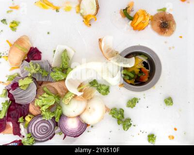 Déchets de légumes dans un évier prêts à être jetés après la préparation du repas Banque D'Images