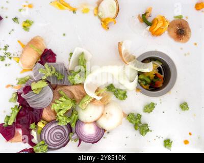 Déchets de légumes dans un évier prêts à être jetés après la préparation du repas Banque D'Images