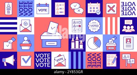 Fond géométrique moderne avec des icônes de ligne plate du vote, des bulletins de vote et des élections. Motif mosaïque. Illustration vectorielle Illustration de Vecteur