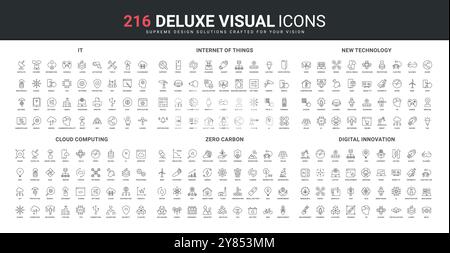 Technologie de l'information, Internet des objets, ensemble d'icônes de ligne d'innovation. Carbone net zéro ESG et énergie éco-durable, mise à jour, téléchargement de données et codage illustration vectorielle de symboles de contour noir mince Illustration de Vecteur