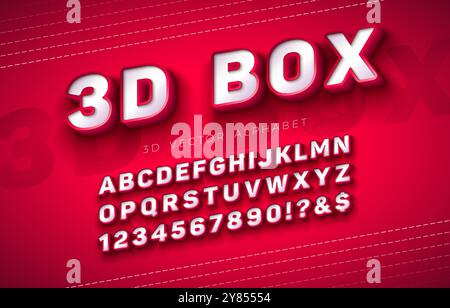 Vector 3d Box Alphabet font Set avec cadre et ombre sur fond rouge. Collection moderne de conception de polices avec ABC, nombre et caractères spéciaux pour Illustration de Vecteur