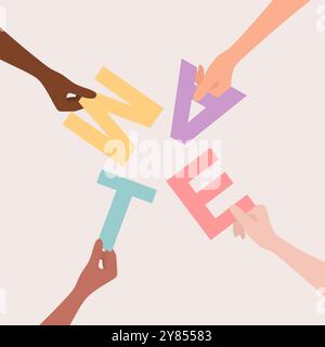 Mains de personnes de différentes nationalités et tons de peau tenant des lettres multicolores formant le mot équipe, vue de dessus. Illustration vectorielle plate Illustration de Vecteur