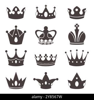 Silhouettes de la couronne royale. Icônes de symbole de puissance, accessoires de roi, reine et princesse, corones majestueux, éléments héraldiques simples, diadème de monarque Illustration de Vecteur