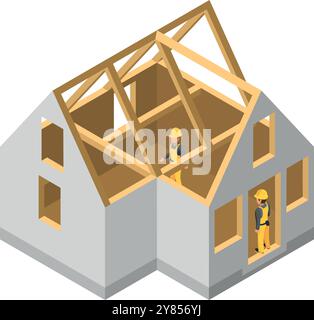 Icône isométrique du processus de construction de maison. Travaux de construction Illustration de Vecteur