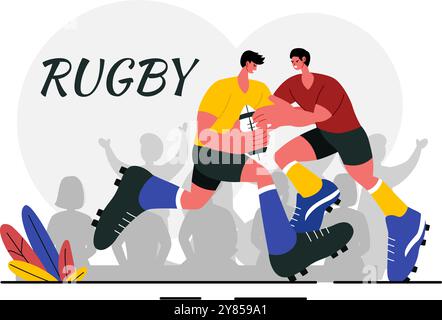 Joueur de rugby courir et attraper l'illustration vectorielle de balle dans un sport de championnat ou un tournoi dans un stade avec un fond de dessin animé de style plat Illustration de Vecteur