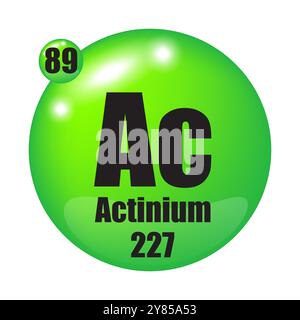 Icône actinium. Elément chimique CA. Numéro atomique 89. Masse 227. Image de sphère verte. Symbole vectoriel. Illustration de Vecteur