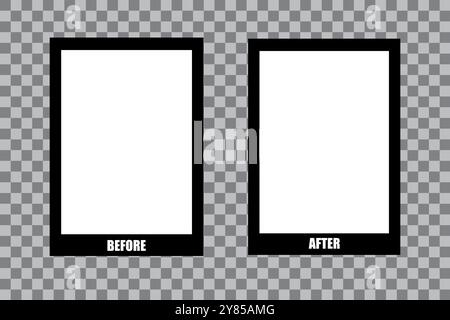 Images avant et après avec bordures noires en gras. Mise en page de comparaison minimaliste avec étiquettes de texte. Conception abstraite pour concepts de transformation. Illustration de Vecteur