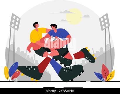 Rugby Player Running and Catching the Ball Vector Illustration in a Championship Sport or Tournament in a Stadium with a Flat Style Cartoon Background Stock Vector