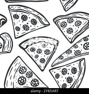 Motif de tranches de pizza Art Line sans couture noir et blanc. Monochrome Flat Pizza Design pour Pizzeria arrière-plans et décor, parfait pour les modèles de menu et Illustration de Vecteur