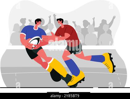 Joueur de rugby courir et attraper l'illustration vectorielle de balle dans un sport de championnat ou un tournoi dans un stade avec un fond de dessin animé de style plat Illustration de Vecteur