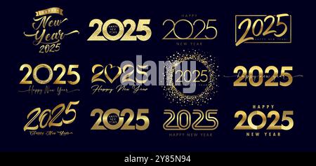 Ensemble de texte de logo de couleur dorée Happy New Year 2025. Concept de logos premium avec calligraphie, mosaïque dorée, boule scintillante ronde et forme de coeur Illustration de Vecteur