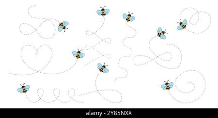 De charmantes abeilles bourdonnant sur la toile. Pistes pointillées ludiques formant des spirales, des boucles et un design en forme de cœur Illustration de Vecteur