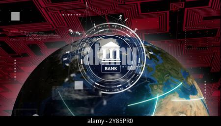 Image du système bancaire au-dessus de la Terre en rotation avec des symboles monétaires et des connexions réseau Banque D'Images