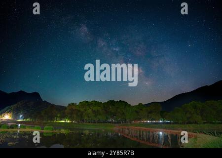 Une vue imprenable sur la voie Lactée traversant le ciel nocturne, avec un lac paisible et les arbres environnants reflétant l'atmosphère calme et sereine. Banque D'Images