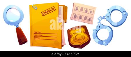 Équipement de personnage de détective ou d'espionnage. Ensemble vectoriel de dessin animé d'outils d'enquêteur - loupe, menottes et badge d'officier de police, dossier avec des informations papier confidentielles et des empreintes digitales. Illustration de Vecteur