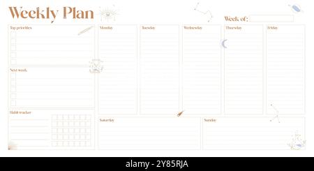 Modèle de journal à puces. Raboteuse hebdomadaire et quotidienne. Planteur de santé mentale. Eléments célestes Illustration de Vecteur