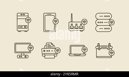 Les appareils intelligents avec accès ou connexion wifi représentent la conception de l'ensemble d'icônes d'illustration de ligne Illustration de Vecteur