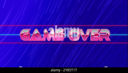 Image de jeu sur le texte en lettres métalliques roses sur des traînées de lumière bleue sur fond bleu Banque D'Images