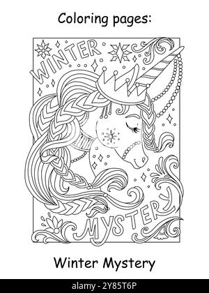 Couleur enfants de Noël avec tête de licorne rêveuse mignonne. Lettrage mystère hivernal. Illustration monochrome de dessin animé vectoriel. Page de livre de coloriage pour chil Illustration de Vecteur