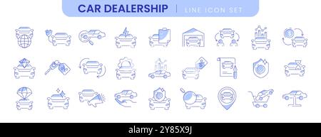 Icônes de contour modifiables par le concessionnaire de vente automobile. Ensemble de ligne mince de concessionnaire de voiture, industrie automobile, centre de commerce de véhicule ou magasin. Symboles de contour bleu de l'assurance service de location, réparation et transport Illustration de Vecteur