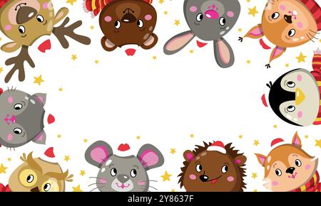 Enfants affiches mignonnes animaux. Cadre de Noël avec personnages pingouin, lièvre, hibou, cerf, écureuil et souris. Modèle pour votre conception. Illustration de Vecteur