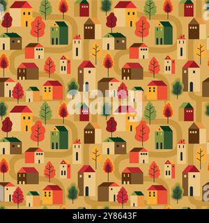 Arbres et maisons modèle sans couture. Automne, paysage de ville d'automne. papier d'emballage, papier peint, textile, tissu etc Illustration de Vecteur