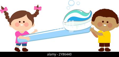 Deux enfants utilisant des objets d'hygiène dentaire, une brosse à dents et du dentifrice. Les enfants chez le dentiste qui se brossent les dents. Soins bucco-dentaires pour garçon et fille. Vecteur Illustration de Vecteur