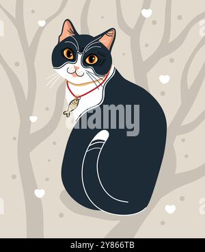 dessin animé noir blanc de chat, illustration d'icône, silhouette de chat d'un chat isolé sur un fond d'arbre gris Illustration de Vecteur