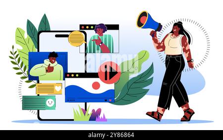 Collaborateurs en ligne. Femme avec haut-parleur communiquer avec les hommes sur internet. Réseaux sociaux et messageries instantanées. Collaboration et Illustration de Vecteur