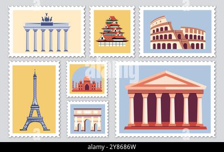 Collection de timbres de la ville. Voyage et voyage. Vacances et vacances. Pack de monuments et monuments. Pack pour philatélistes. Tour du monde. Ensemble de vecteurs plats Illustration de Vecteur