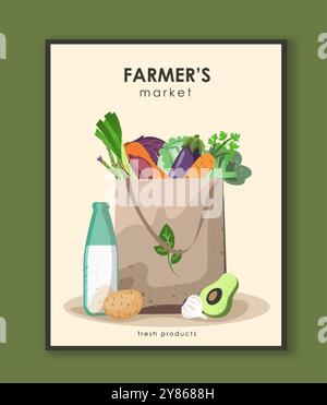 Affiche du marché des agriculteurs. Paquet avec légumes et bouteille de lait. Alimentation naturelle et biologique avec des vitamines. Alimentation et nutrition appropriées. Vecteur plat Illustration de Vecteur