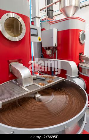 Le processus de torréfaction d'un lot de grains de café biologiques de haute qualité dans un grand torréfacteur industriel, Manizales, Colombie - photo stock Banque D'Images