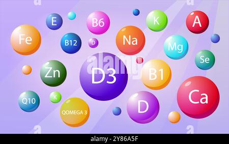 Suppléments vitamines minéraux. Molécules rouges, vertes, pik et jaunes. Complexe pour un mode de vie actif et sain. Complexe multivitaminique. Calcium et Illustration de Vecteur