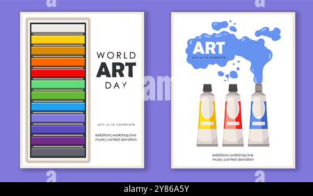 Ensemble d'affiches de la journée mondiale de l'art. Palette avec des tubes avec des peintures. Les artistes colorent et peignent pour dessiner. Créativité et œuvres d'art. Couverture ou bannière. Vecteur plat Illustration de Vecteur