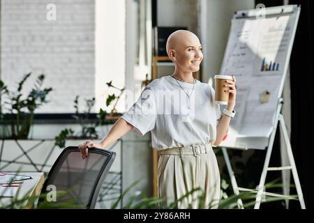 Une jeune femme chauve en robe élégante se tient près d'une chaise, souriant avec une tasse à café dans un bureau. Banque D'Images