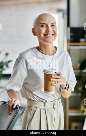 Une jeune femme chauve habillée élégamment se tient dans un bureau chic, sirotant un café joyeusement. Banque D'Images