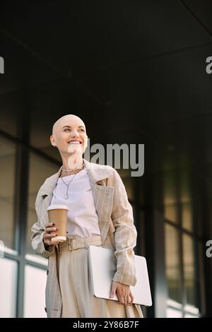 Une jeune femme chauve dans une tenue élégante se tient confiante avec une tasse à café et un ordinateur portable, souriant. Banque D'Images