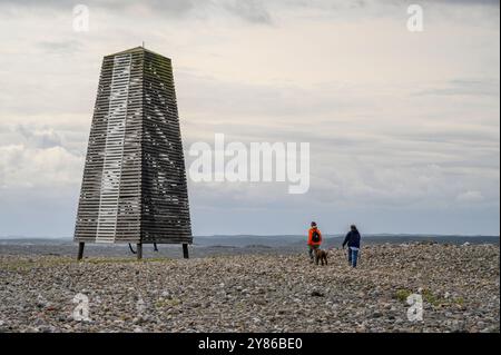 Deux femmes promenant un chien sur une plage plate et rocheuse vers le marin sur la partie sud de l'île de Jomfruland à côté de la mer ouverte à Telemark, Norvège. Banque D'Images