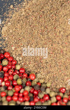 Poivre moulu, un mélange de poivre rouge, vert, blanc et noir Banque D'Images