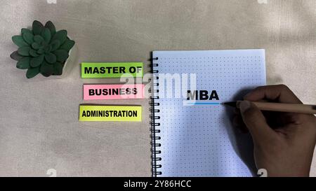 Concept de MBA - Master of Business Administration écrire sur des notes adhésives isolées sur une table en bois. Banque D'Images