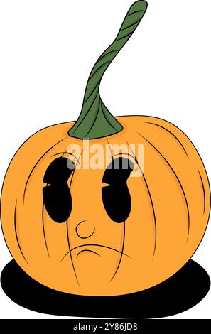 Citrouille avec une tige verte, représentant un visage triste avec des yeux noirs, adapté aux dessins sur le thème d'Halloween ou aux décorations d'automne. Illustration de Vecteur