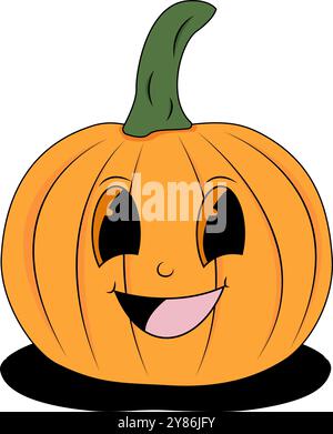 Citrouille orange souriante avec une tige verte et des yeux noirs, parfaite pour les décorations d'Halloween, les motifs d'automne et les thèmes festifs d'automne. Illustration de Vecteur