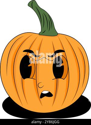 Citrouille orange avec tige verte et visage surpris. Décorations d'Halloween, affiches de festival d'automne, publications saisonnières sur les médias sociaux, designs sur le thème de l'automne. Illustration de Vecteur