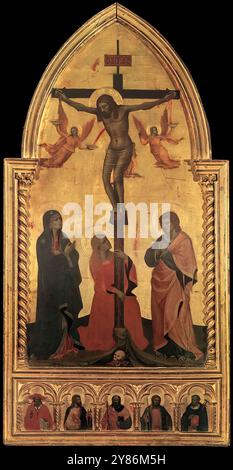 NARDO di CIONE (actif 1343-66 à Florence) Crucifixion 1350-60 Tempera sur bois, 145 x 71 cm Galleria degli Uffizi, Florence C'est l'une des œuvres les plus importantes produites à Florence vers le milieu du XIVe siècle. Il était probablement le panneau central d'un tabernacle et dans la prédelle contient des figures de demi-longueur de divers saints : Saint Jérôme, Jacques le moins, Saint Paul, Jacques le Grand et Saint Pierre le Martyr. Les élégantes colonnes torsadées ont été restaurées sur la base des colonnes authentiques. --- mots-clés : ------------- Auteur : NARDO di CIONE titre Banque D'Images