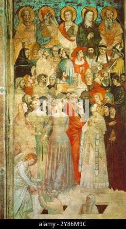NARDO di CIONE (actif 1343-66 à Florence) dernier jugement (détail) années 1350 Fresco Cappella Strozzi, Santa Maria Novella, Florence Nardo di Cione était le frère d'Orcagna. Ils ont travaillé ensemble à la décoration de la Cappella Strozzi de la Santa Maria Novella. Orcagna a peint l'altarpeice (daté de 1357) tandis que Nardo a fait les fresques : jugement dernier, Paradis et enfer. Nardo était le moins doué des frères, cependant, il avait un style distinct, moins sévère que celui de ses frères. *** Mots-clés : ************* Auteur : NARDO di CIONE titre : Last Judgment (detail) Time-l Banque D'Images