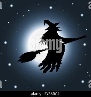 Silhouette d'une sorcière volant sur un bâton de couvée. Illustration de Vecteur